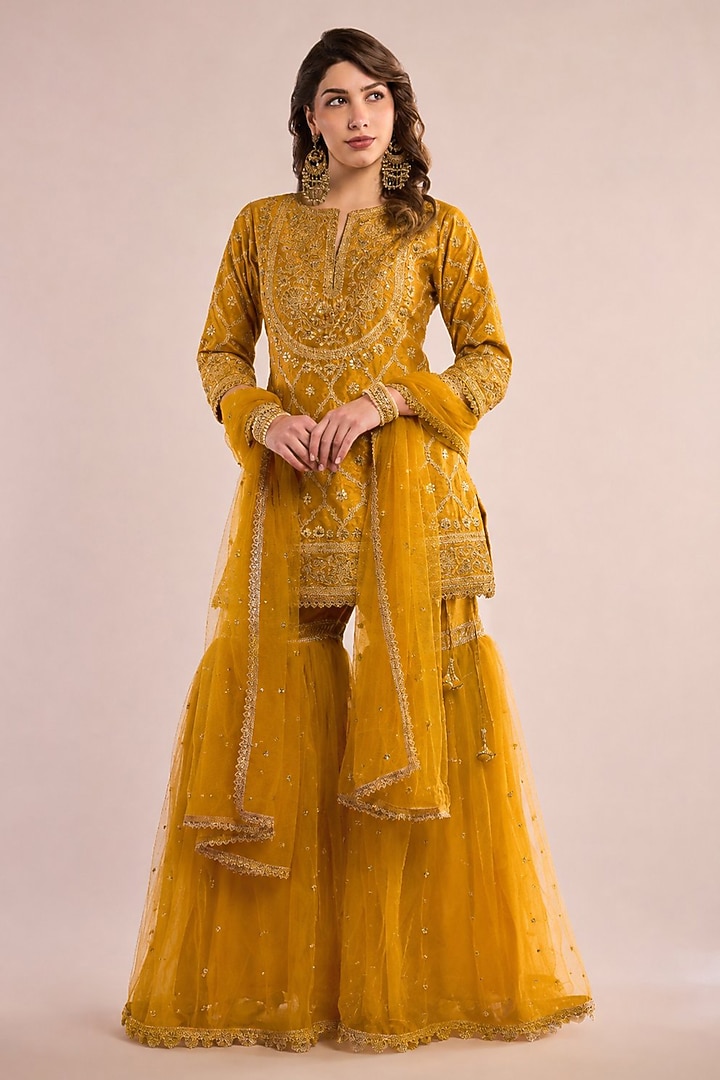 Mustard Yellow Dupion Sequin Embroidered Gharara Set by Saina kapoor at Pernia's Pop Up Shop
