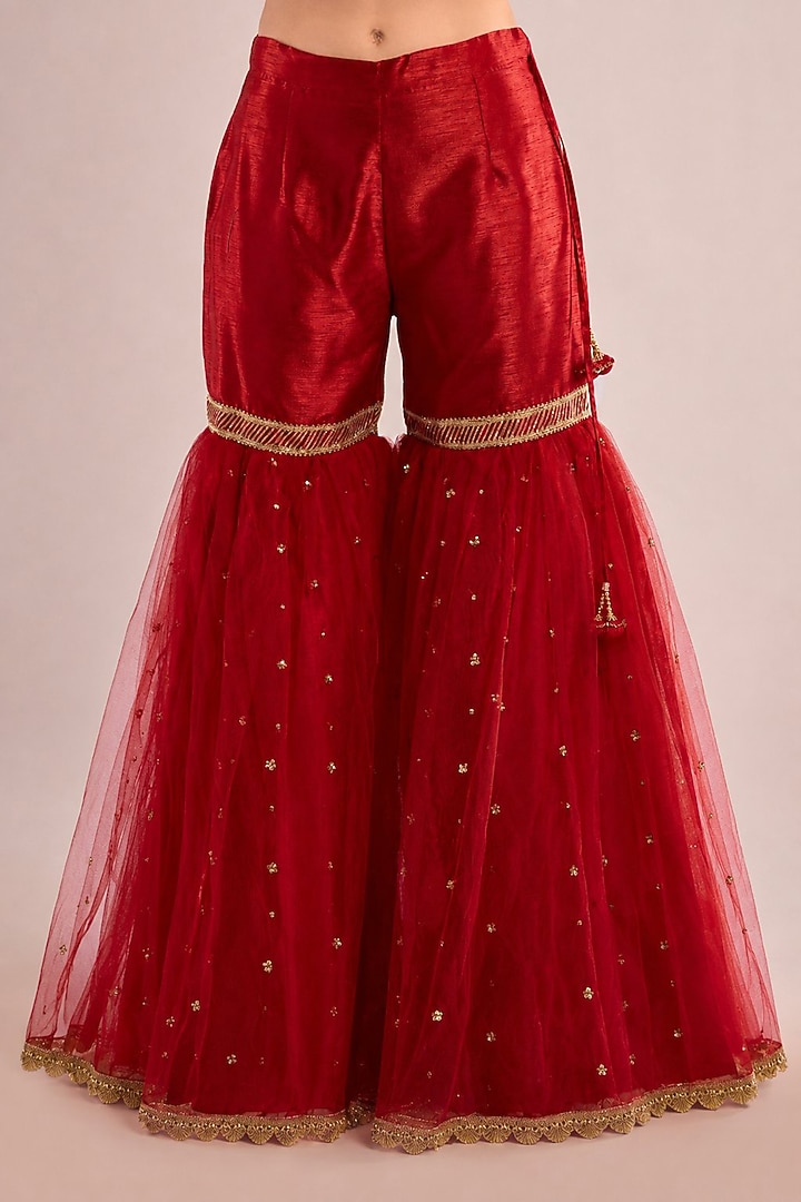 Maroon Dupion Sequin Embroidered Gharara Set by Saina kapoor at Pernia's Pop Up Shop