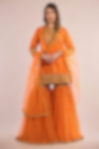 Orange Dupion Sequin Embroidered Gharara Set by Saina kapoor at Pernia's Pop Up Shop