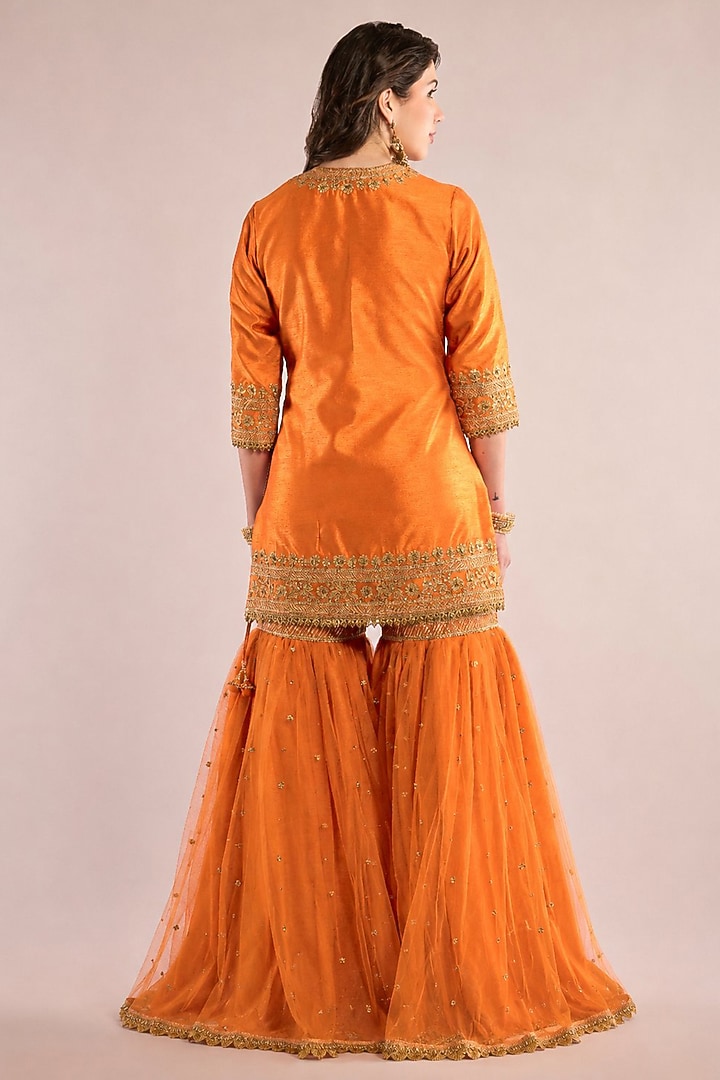 Orange Dupion Sequin Embroidered Gharara Set by Saina kapoor at Pernia's Pop Up Shop
