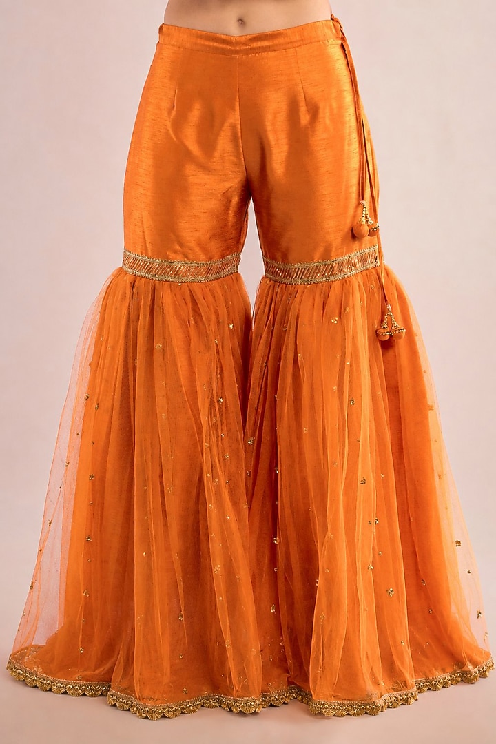 Orange Dupion Sequin Embroidered Gharara Set by Saina kapoor at Pernia's Pop Up Shop