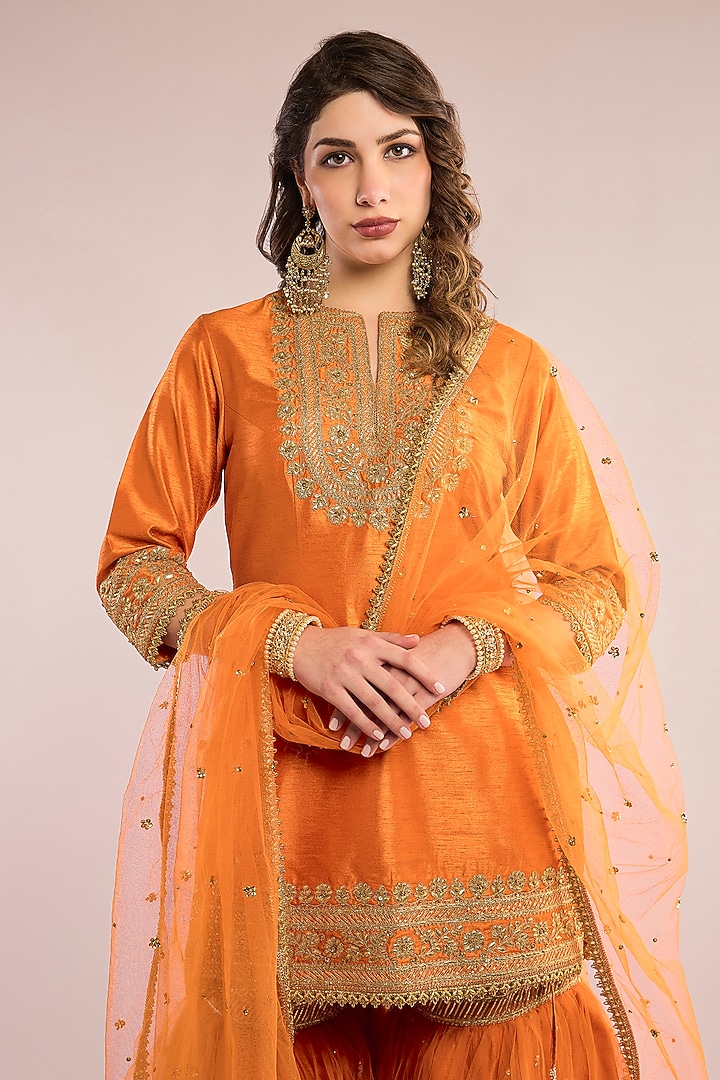 Orange Dupion Sequin Embroidered Gharara Set by Saina kapoor at Pernia's Pop Up Shop