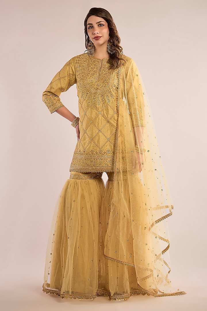 Gold Dupion Sequin Embroidered Gharara Set by Saina kapoor at Pernia's Pop Up Shop
