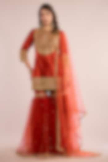 Rust Orange Dupion Kashmiri Embroidered Gharara Set by Saina kapoor at Pernia's Pop Up Shop