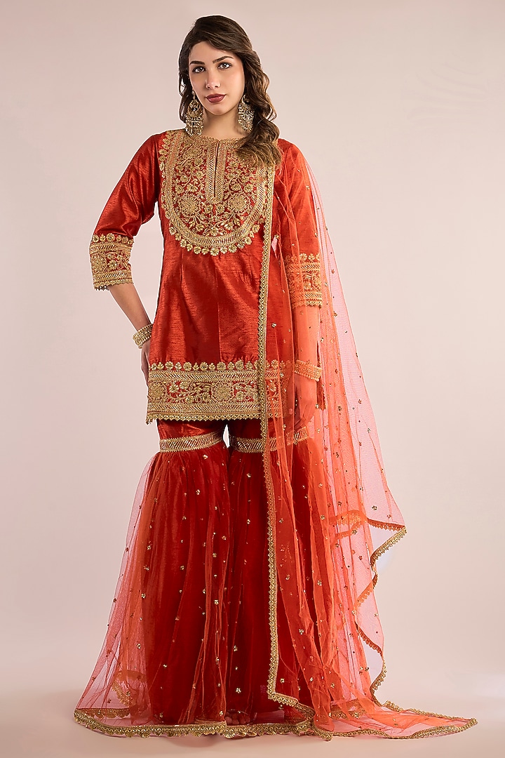 Rust Orange Dupion Kashmiri Embroidered Gharara Set by Saina kapoor at Pernia's Pop Up Shop