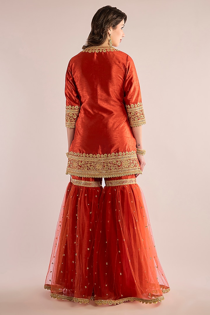 Rust Orange Dupion Kashmiri Embroidered Gharara Set by Saina kapoor at Pernia's Pop Up Shop