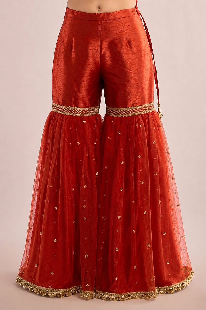 Rust Orange Dupion Kashmiri Embroidered Gharara Set by Saina kapoor at Pernia's Pop Up Shop