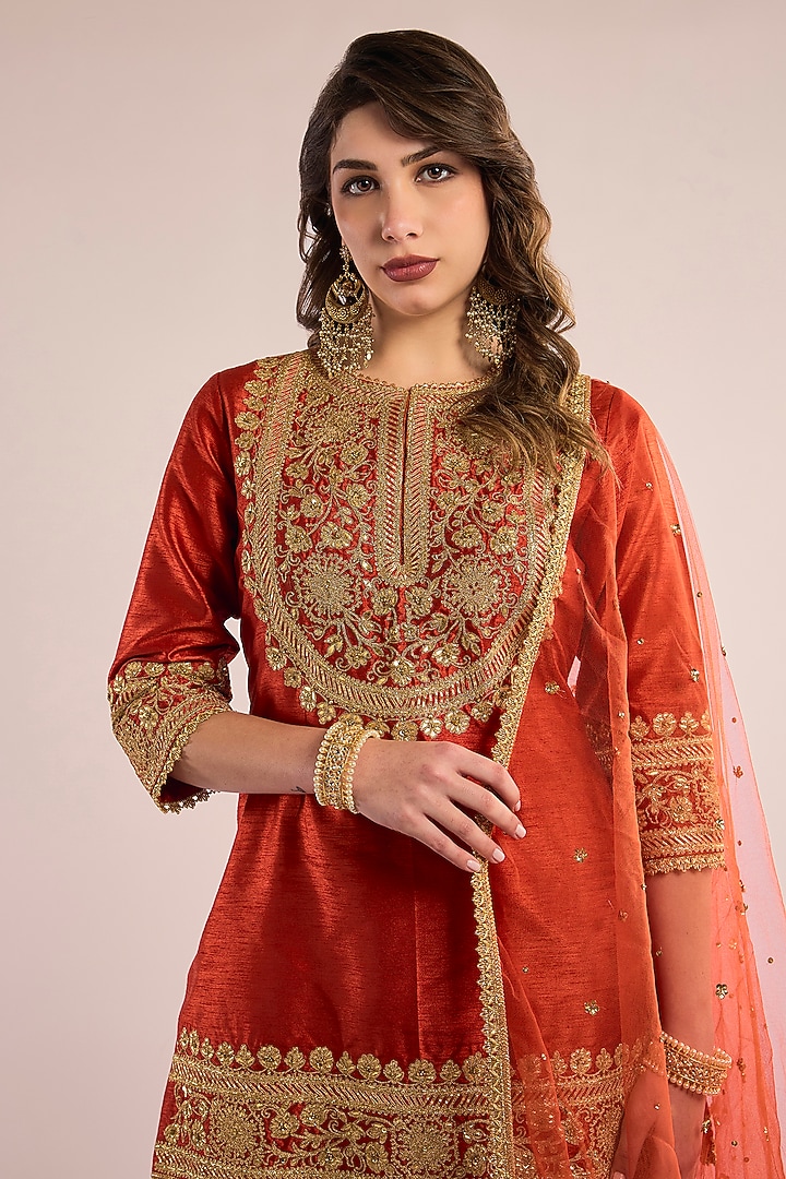 Rust Orange Dupion Kashmiri Embroidered Gharara Set by Saina kapoor at Pernia's Pop Up Shop
