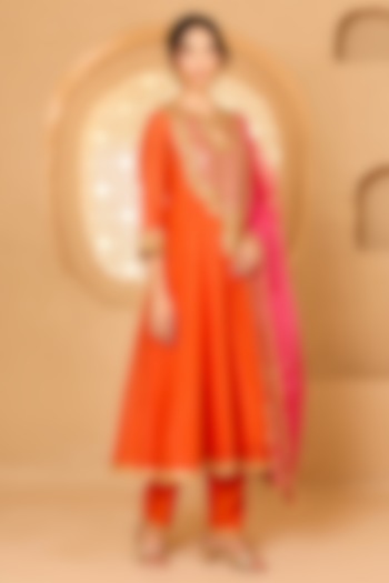 Orange Cotton Chanderi Gota Patti Embroidered Party Wear Anarkali Set by Saina kapoor at Pernia's Pop Up Shop