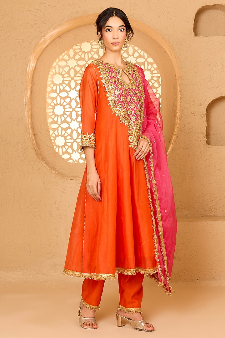 Orange Cotton Chanderi Gota Patti Embroidered Party Wear Anarkali Set by Saina kapoor at Pernia's Pop Up Shop