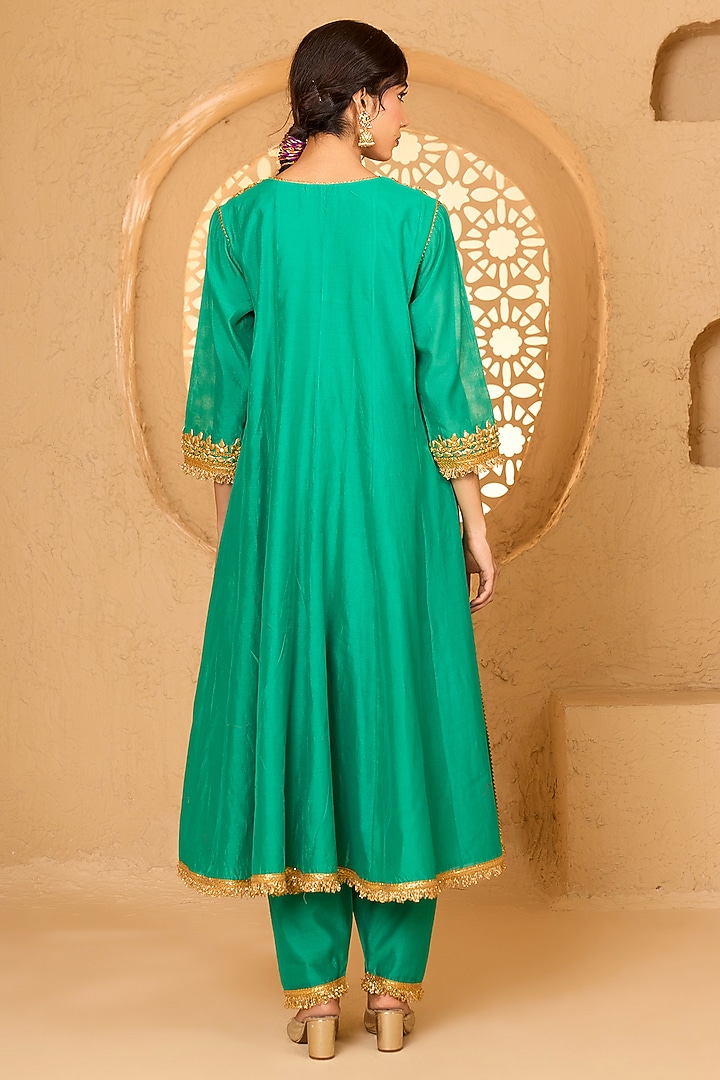 Turquoise Cotton Chanderi Gota Patti Embroidered Party Wear Anarkali Set by Saina kapoor at Pernia's Pop Up Shop