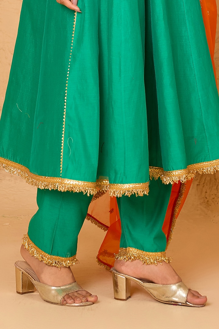 Turquoise Cotton Chanderi Gota Patti Embroidered Party Wear Anarkali Set by Saina kapoor at Pernia's Pop Up Shop