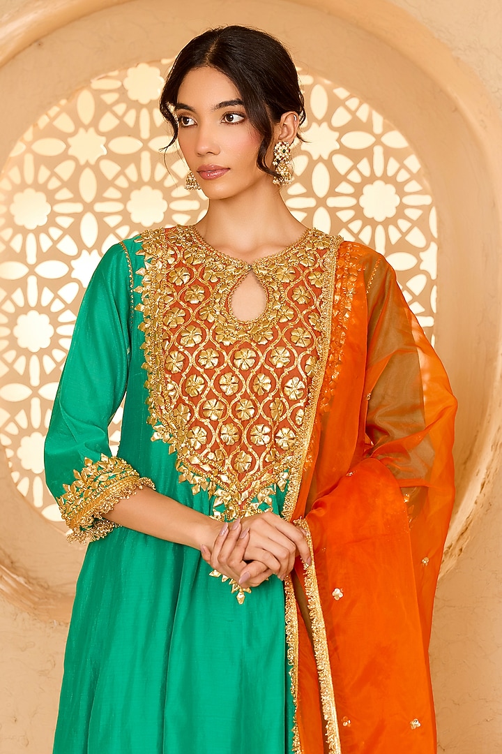 Turquoise Cotton Chanderi Gota Patti Embroidered Party Wear Anarkali Set by Saina kapoor at Pernia's Pop Up Shop