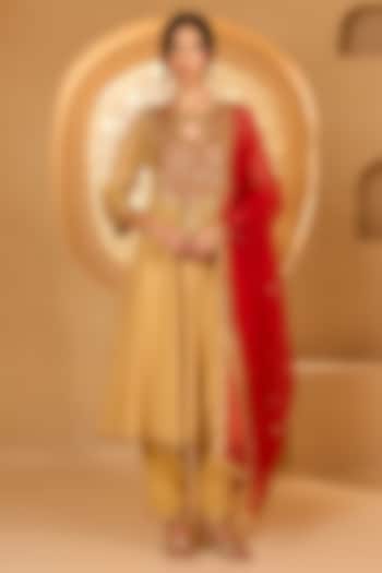 Beige Cotton Chanderi Gota Patti Embroidered Party Wear Anarkali Set by Saina kapoor at Pernia's Pop Up Shop