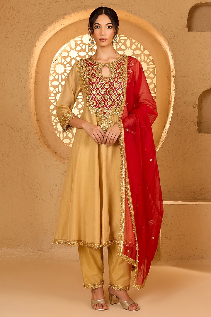 Beige Cotton Chanderi Gota Patti Embroidered Party Wear Anarkali Set by Saina kapoor at Pernia's Pop Up Shop