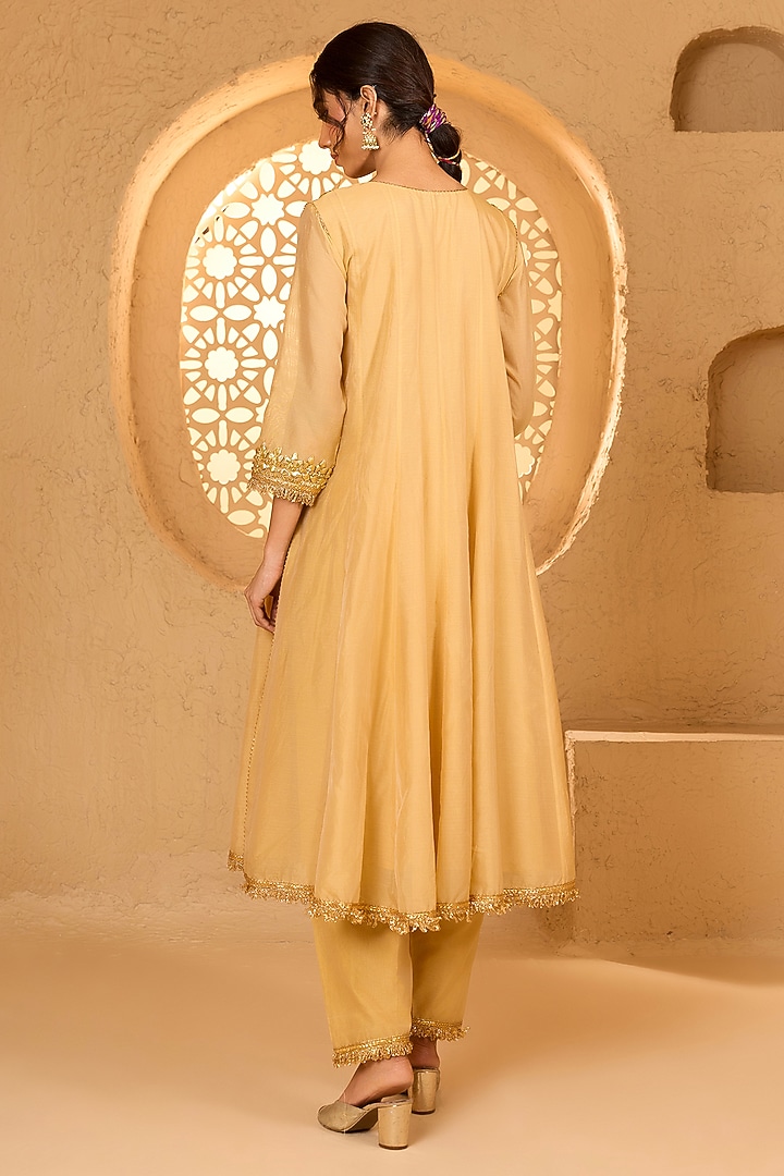 Beige Cotton Chanderi Gota Patti Embroidered Party Wear Anarkali Set by Saina kapoor at Pernia's Pop Up Shop