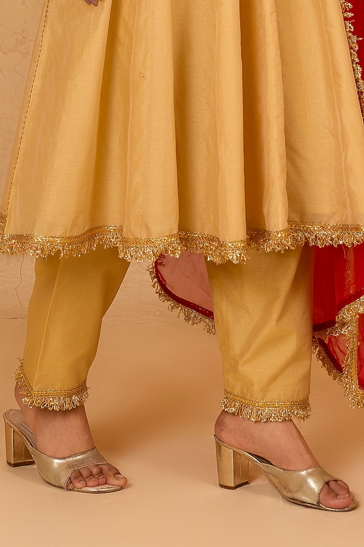 Beige Cotton Chanderi Gota Patti Embroidered Party Wear Anarkali Set by Saina kapoor at Pernia's Pop Up Shop