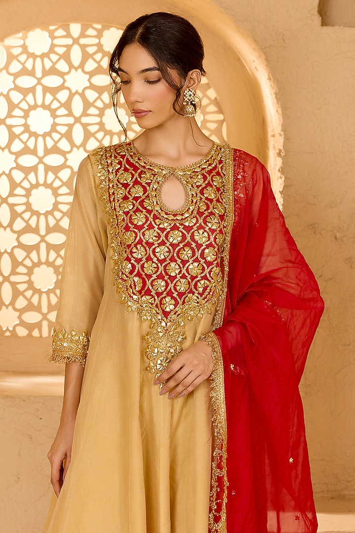 Beige Cotton Chanderi Gota Patti Embroidered Party Wear Anarkali Set by Saina kapoor at Pernia's Pop Up Shop