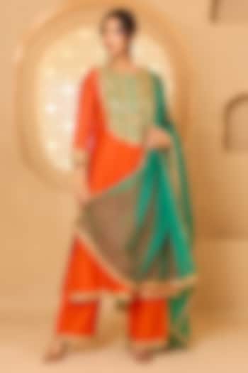Orange Cotton Chanderi Floral Embroidered Kurta Set by Saina kapoor at Pernia's Pop Up Shop