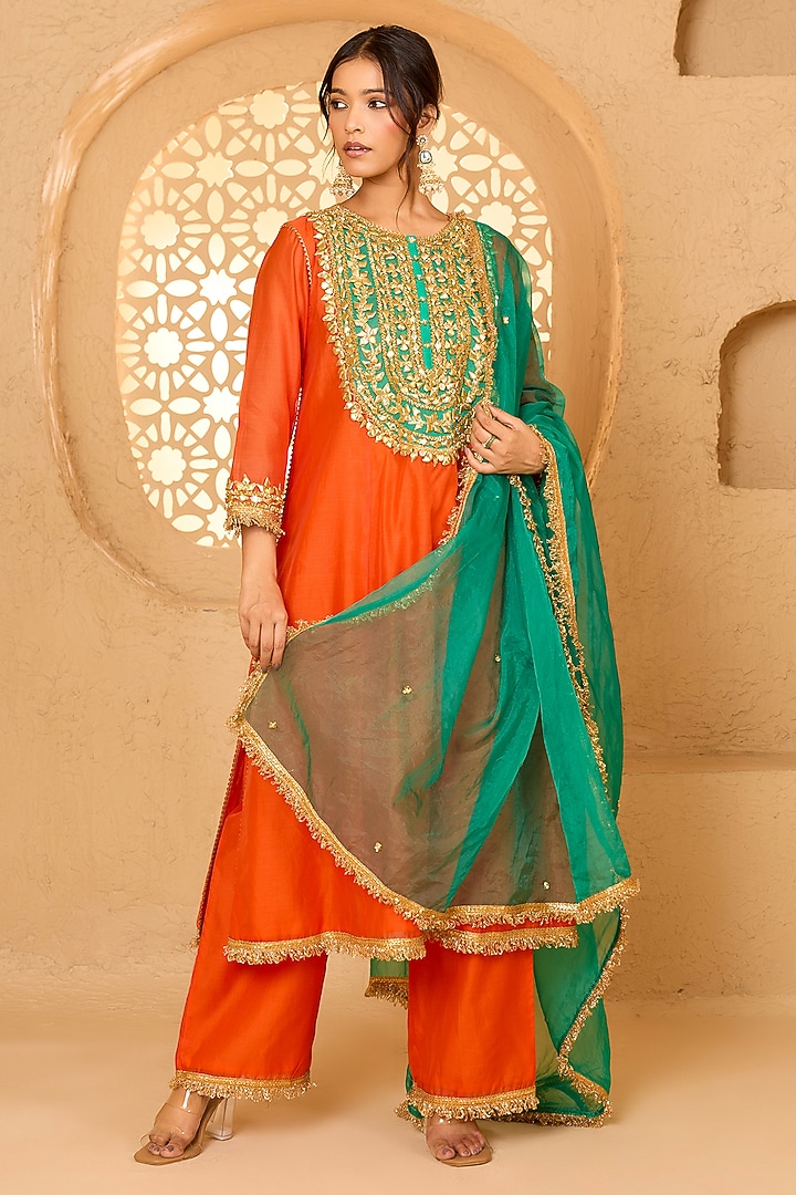 Orange Cotton Chanderi Floral Embroidered Kurta Set by Saina kapoor at Pernia's Pop Up Shop