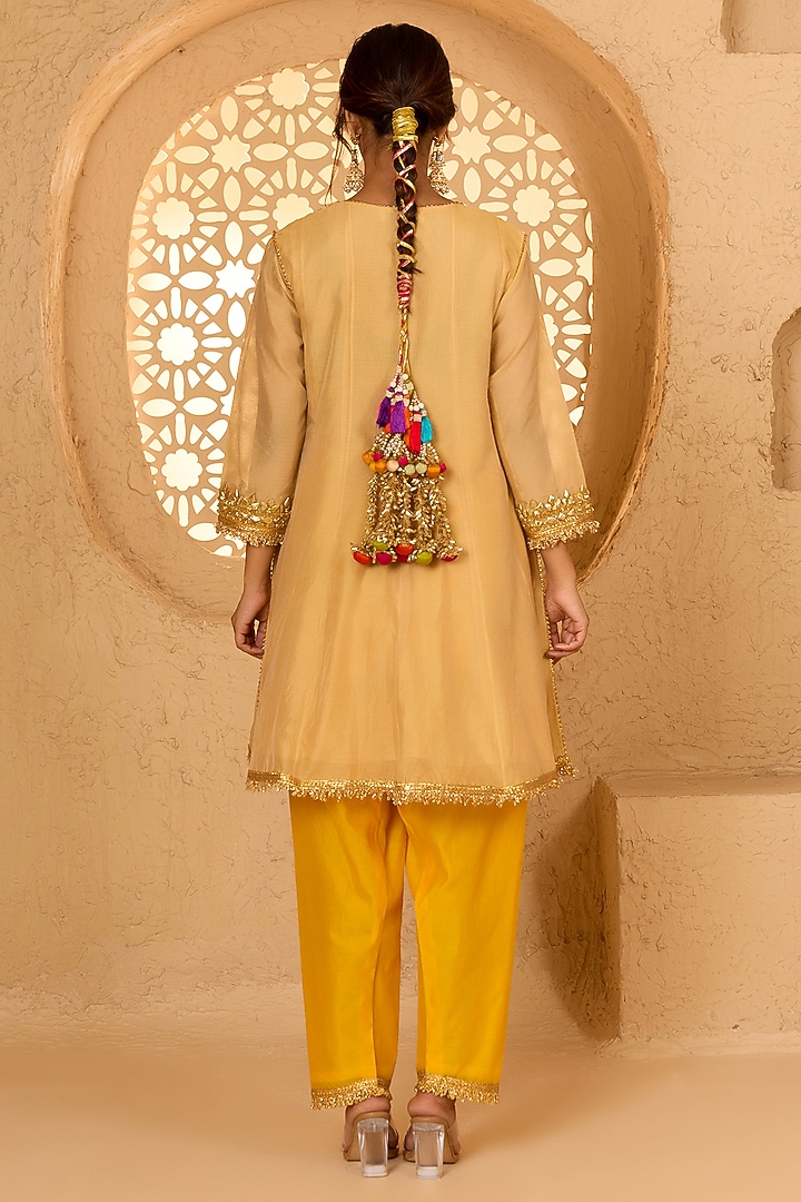Beige Cotton Chanderi Pearl Embroidered Short Party Wear Anarkali Set by Saina kapoor at Pernia's Pop Up Shop