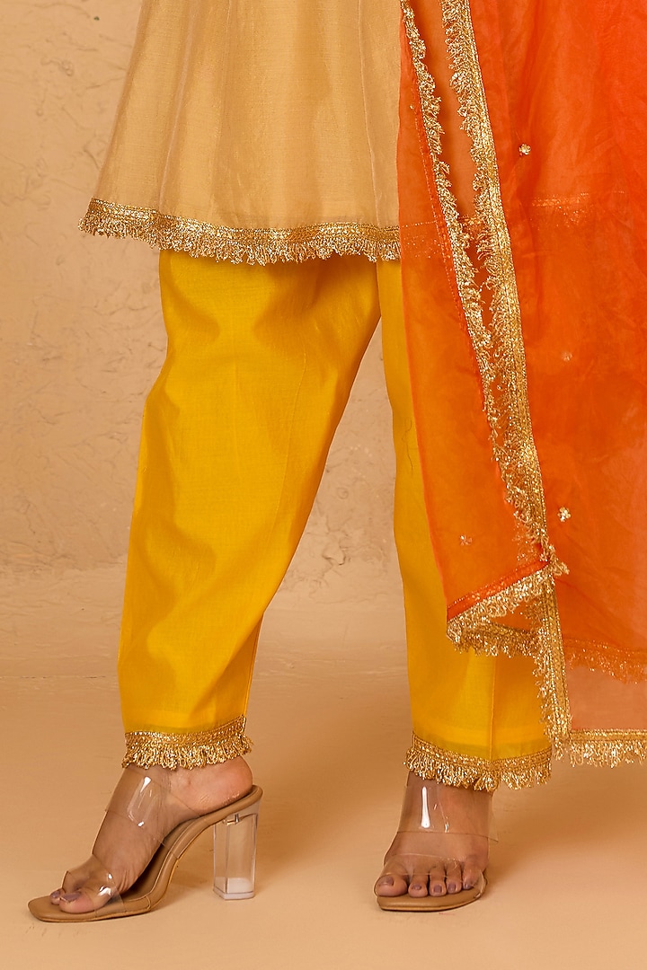 Beige Cotton Chanderi Pearl Embroidered Short Party Wear Anarkali Set by Saina kapoor at Pernia's Pop Up Shop