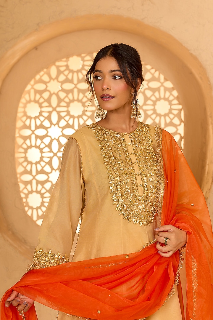 Beige Cotton Chanderi Pearl Embroidered Short Party Wear Anarkali Set by Saina kapoor at Pernia's Pop Up Shop