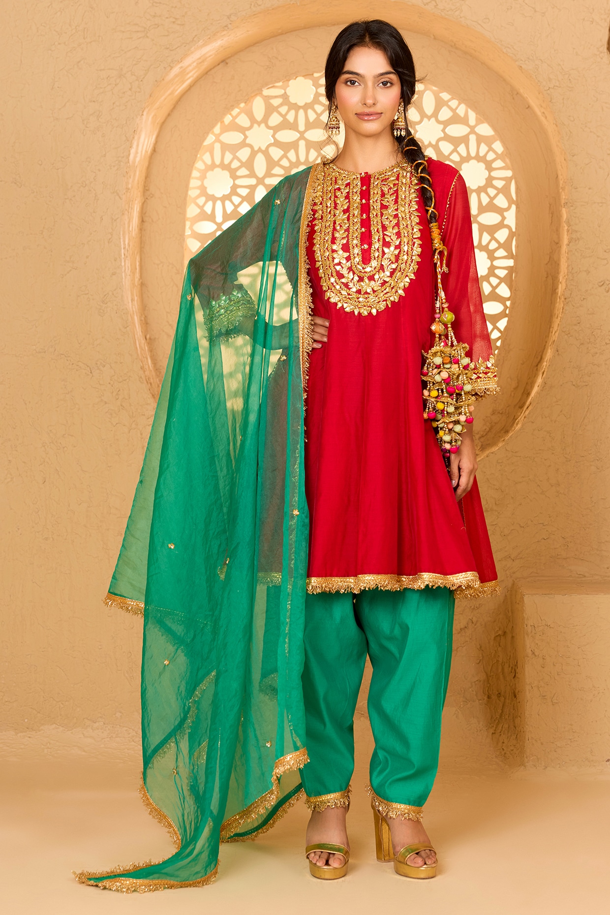 Saina kapoor Red Cotton Chanderi Pearl Embroidered Short Anarkali Set