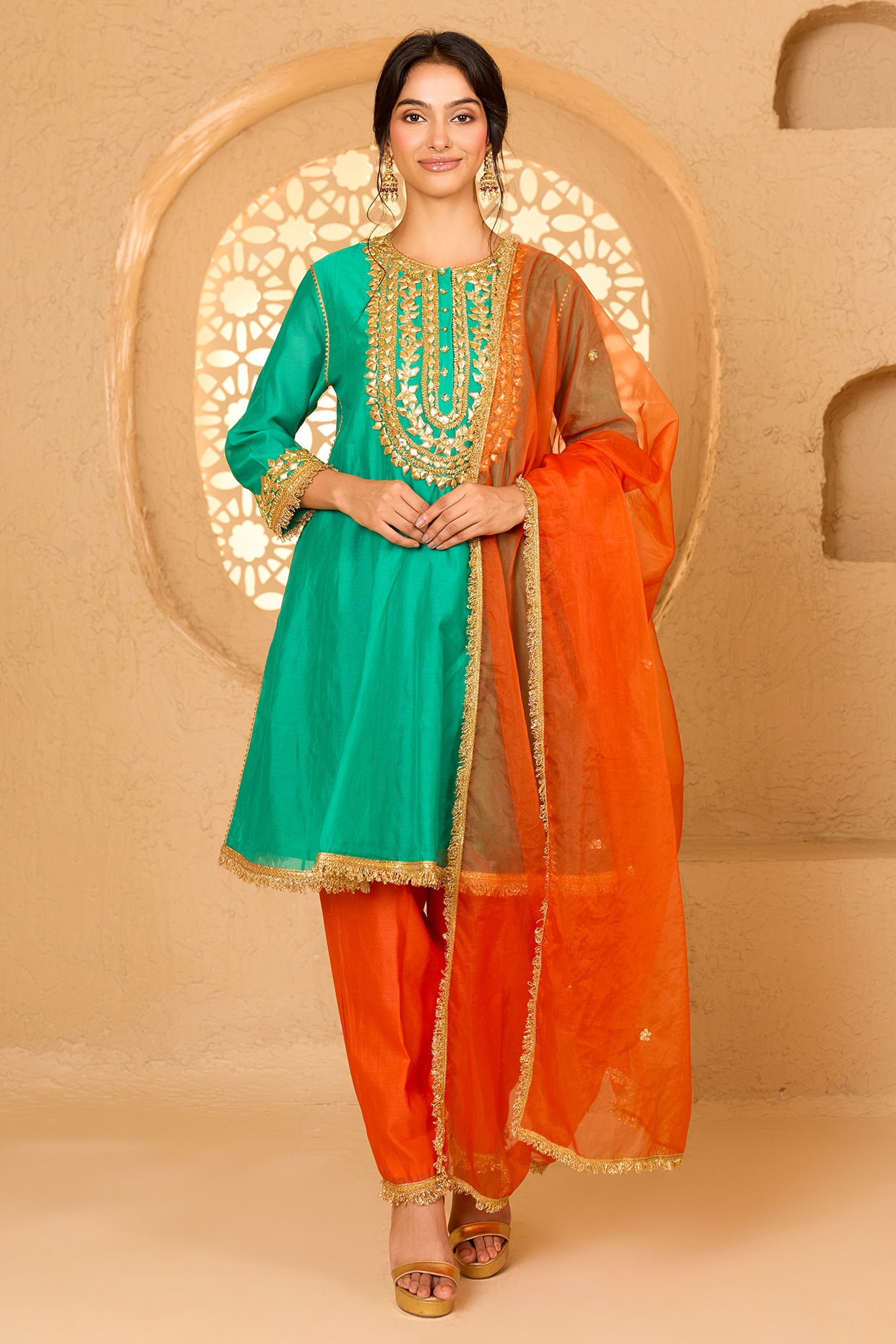 Saina kapoor Turquoise Cotton Chanderi Pearl Embroidered Short Anarkali Set