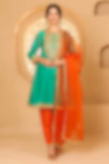 Turquoise Cotton Chanderi Pearl Embroidered Short Party Wear Anarkali Set by Saina kapoor at Pernia's Pop Up Shop