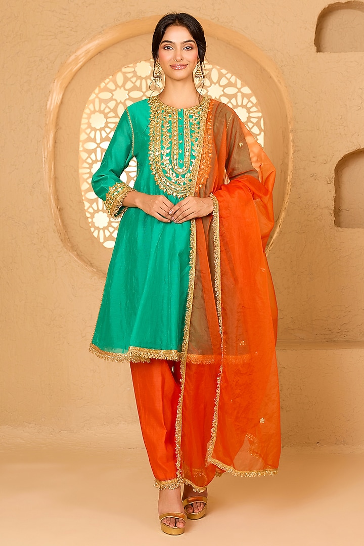 Turquoise Cotton Chanderi Pearl Embroidered Short Party Wear Anarkali Set by Saina kapoor at Pernia's Pop Up Shop