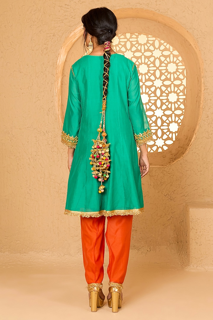 Turquoise Cotton Chanderi Pearl Embroidered Short Party Wear Anarkali Set by Saina kapoor at Pernia's Pop Up Shop