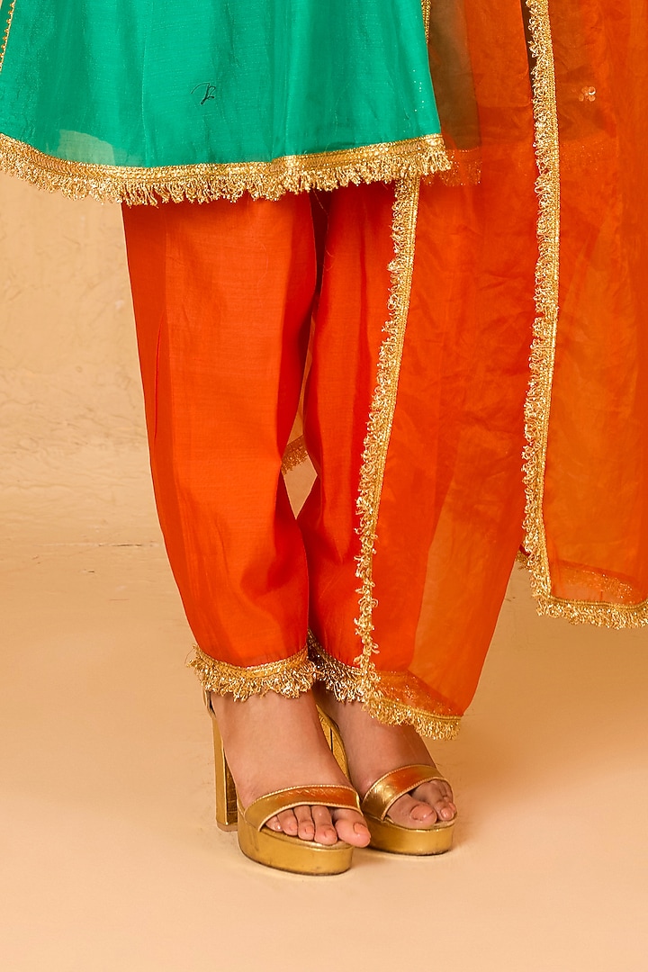 Turquoise Cotton Chanderi Pearl Embroidered Short Party Wear Anarkali Set by Saina kapoor at Pernia's Pop Up Shop