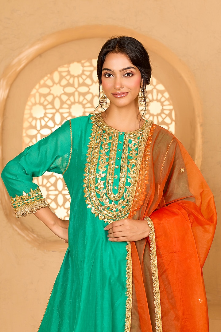 Turquoise Cotton Chanderi Pearl Embroidered Short Party Wear Anarkali Set by Saina kapoor at Pernia's Pop Up Shop