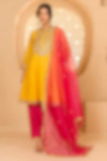 Yellow Cotton Chanderi Floral Embroidered Short Party Wear Anarkali Set by saina kapoor at Pernia's Pop Up Shop