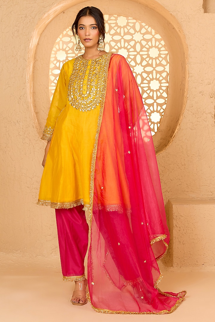 Yellow Cotton Chanderi Floral Embroidered Short Party Wear Anarkali Set by saina kapoor at Pernia's Pop Up Shop