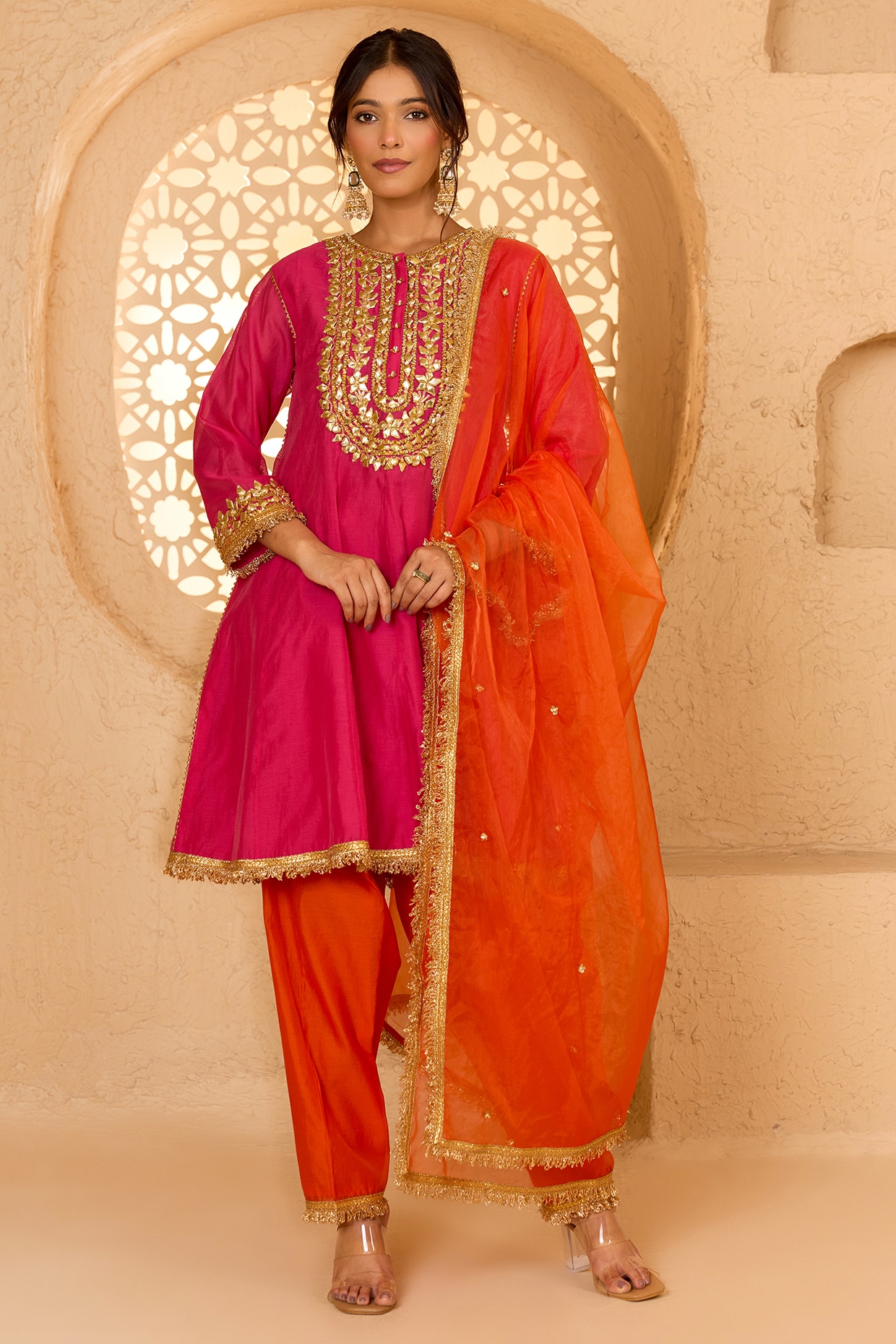 saina kapoor Fuchsia Cotton Chanderi Floral Embroidered Short Anarkali Set
