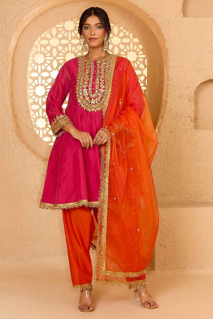 Fuchsia Cotton Chanderi Floral Embroidered Short Party Wear Anarkali Set by saina kapoor at Pernia's Pop Up Shop