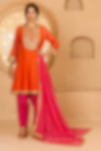 Orange Cotton Chanderi Floral Embroidered Short Party Wear Anarkali Set by saina kapoor at Pernia's Pop Up Shop