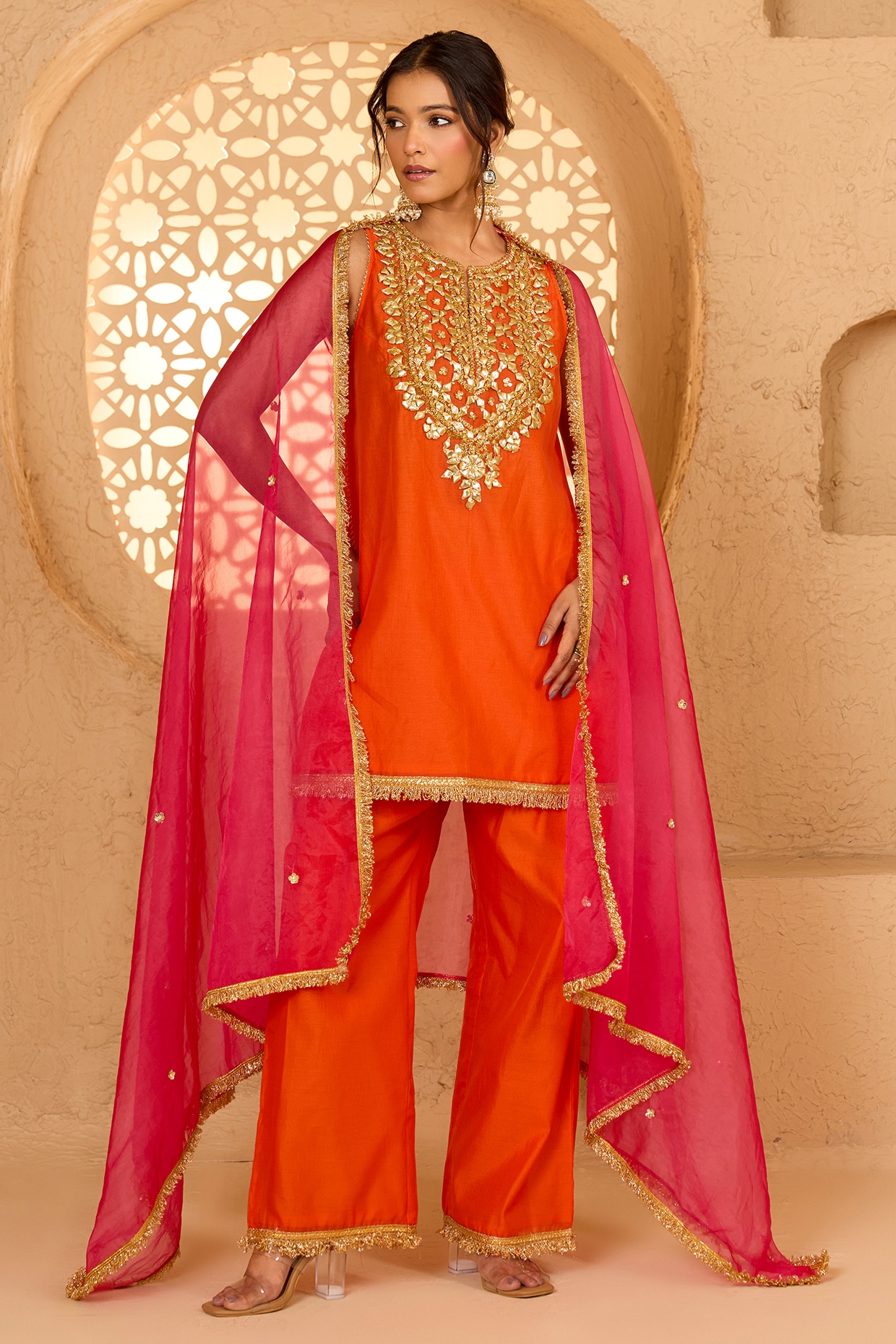 saina kapoor Orange Cotton Chanderi Floral Embroidered Halter Kurta Set