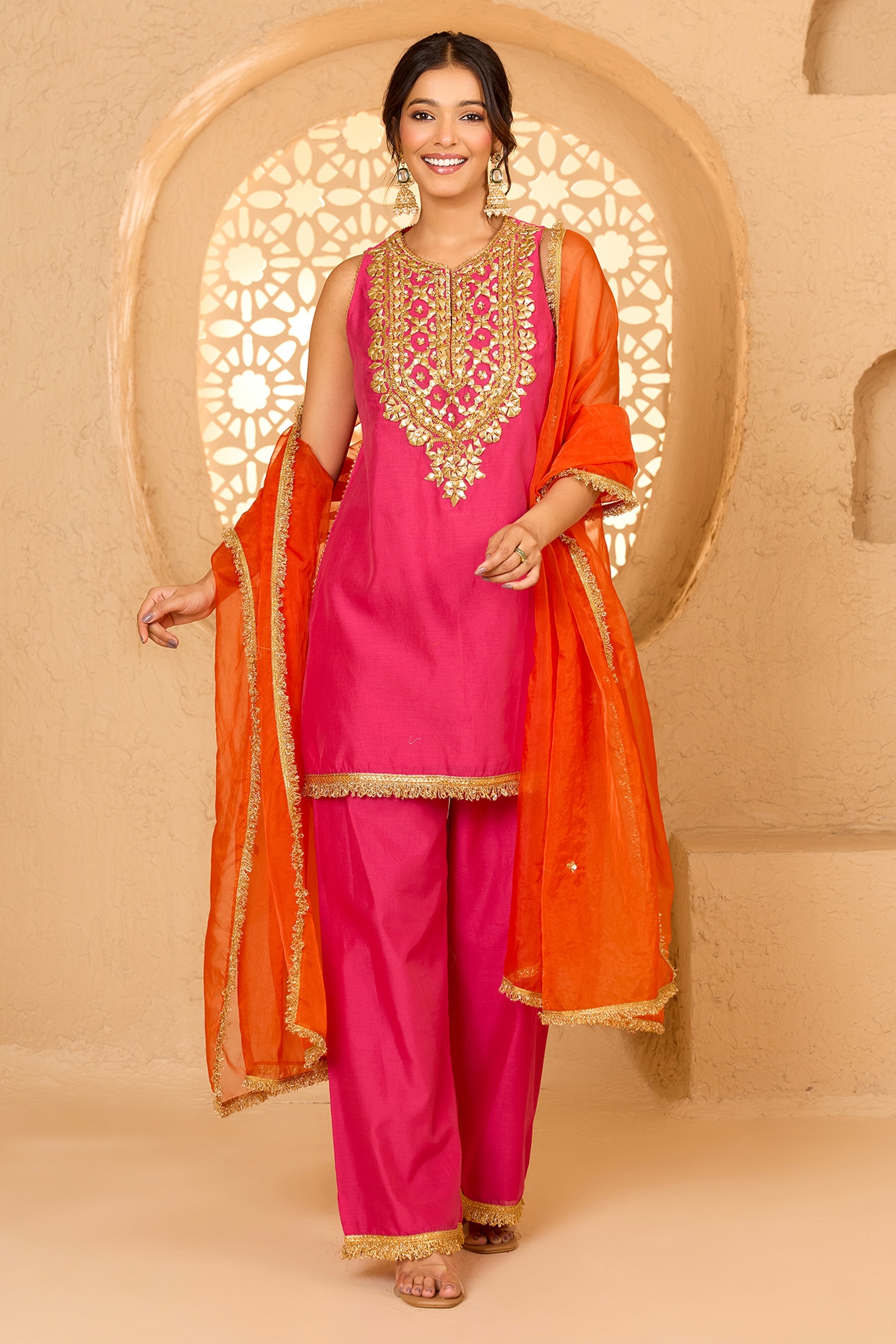 saina kapoor Fuchsia Cotton Chanderi Floral Embroidered Halter Kurta Set