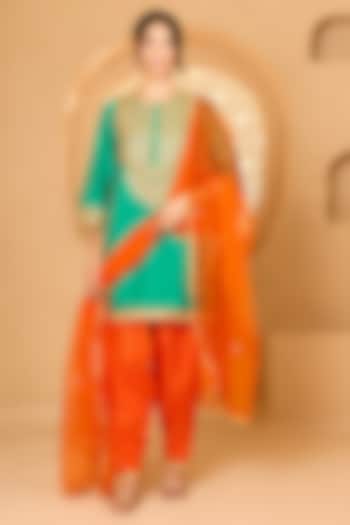 Turquoise Cotton Chanderi Floral Embroidered Short Kurta Set by saina kapoor at Pernia's Pop Up Shop