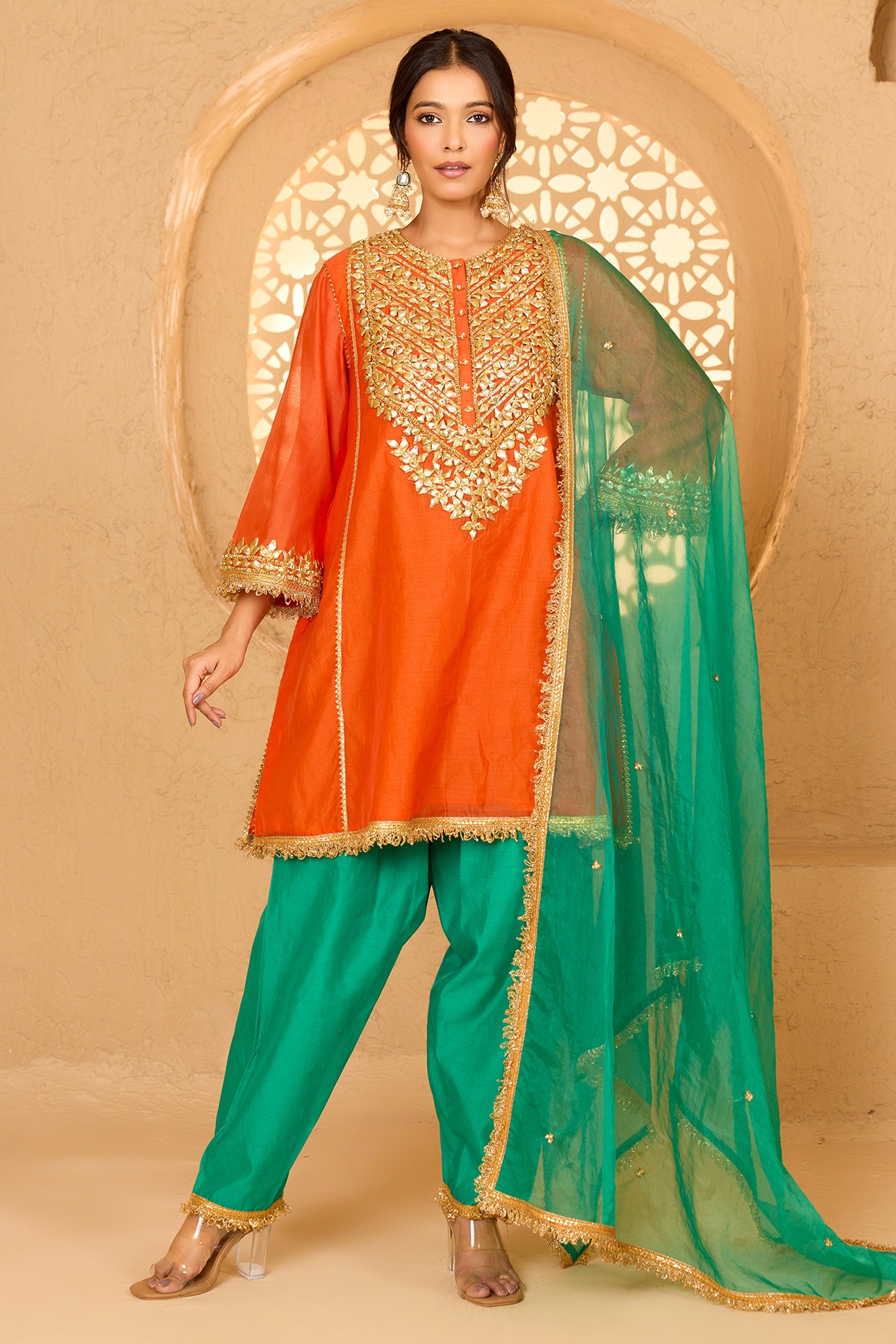 saina kapoor Orange Cotton Chanderi Floral Embroidered Short Kurta Set