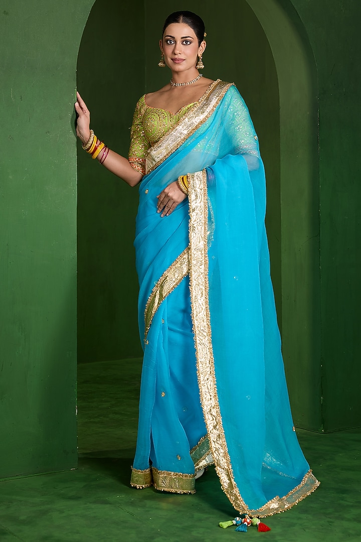 Turquoise Organza Handwork Wedding Saree Set by Saina kapoor at Pernia's Pop Up Shop