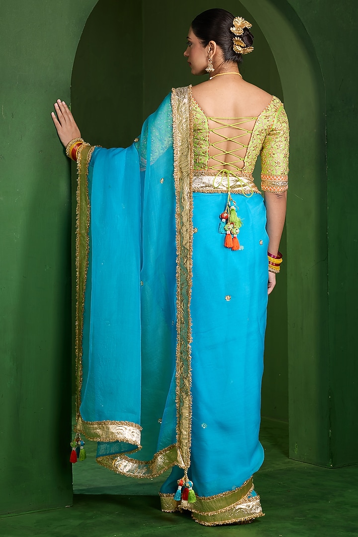 Turquoise Organza Handwork Wedding Saree Set by Saina kapoor at Pernia's Pop Up Shop
