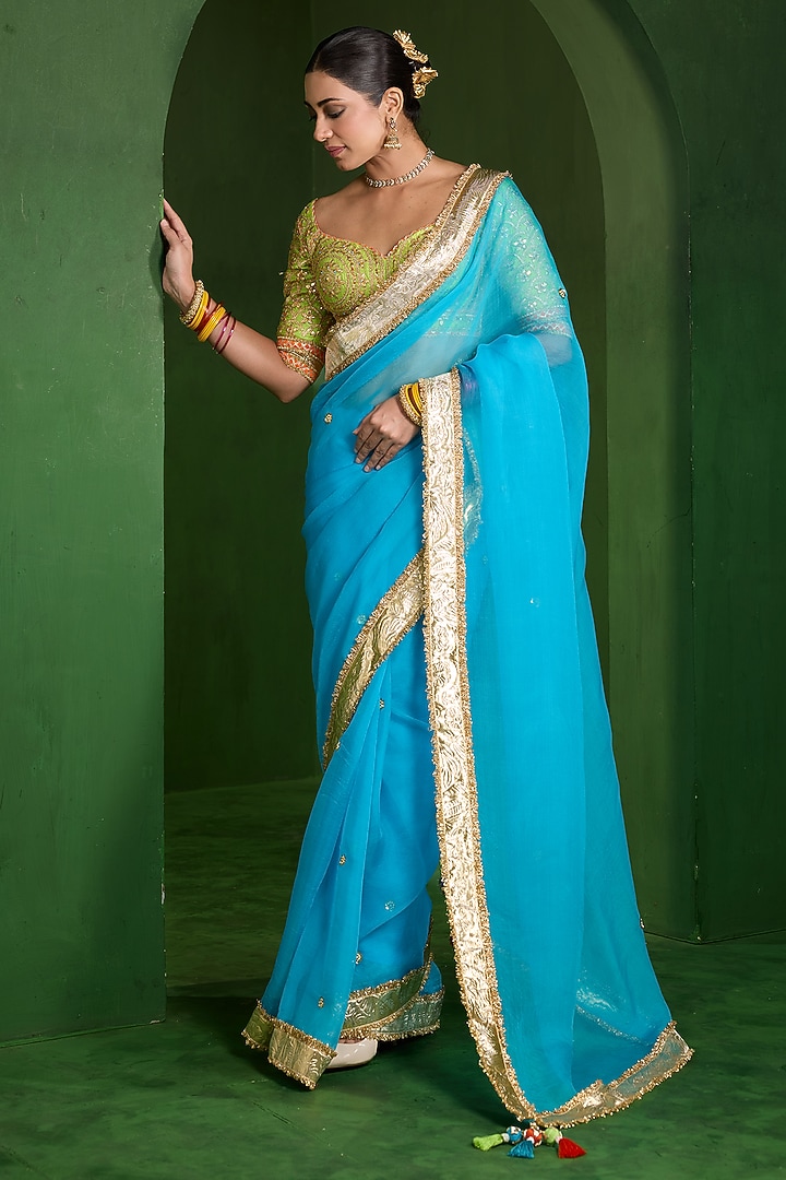 Turquoise Organza Handwork Wedding Saree Set by Saina kapoor at Pernia's Pop Up Shop