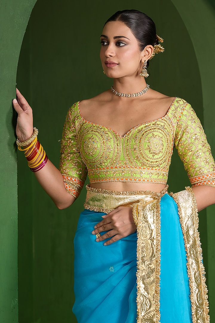 Turquoise Organza Handwork Wedding Saree Set by Saina kapoor at Pernia's Pop Up Shop