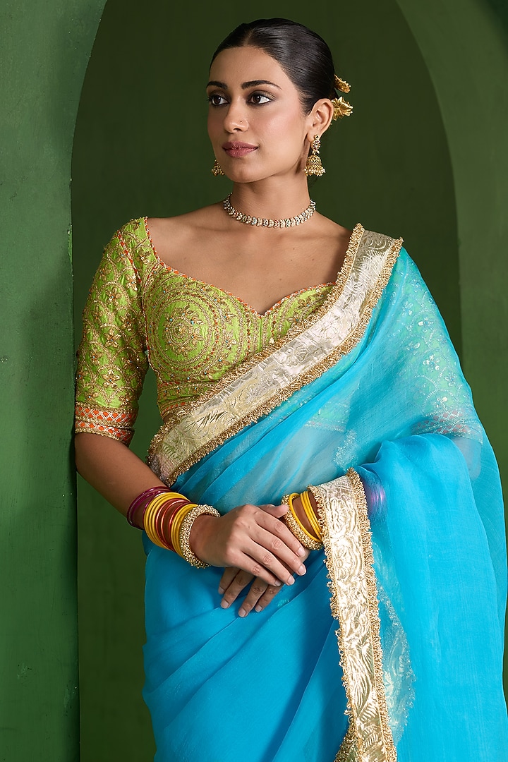 Turquoise Organza Handwork Wedding Saree Set by Saina kapoor at Pernia's Pop Up Shop