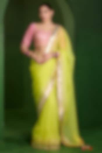Parrot Green Organza Sequins Handwork Wedding Saree Set by Saina kapoor at Pernia's Pop Up Shop