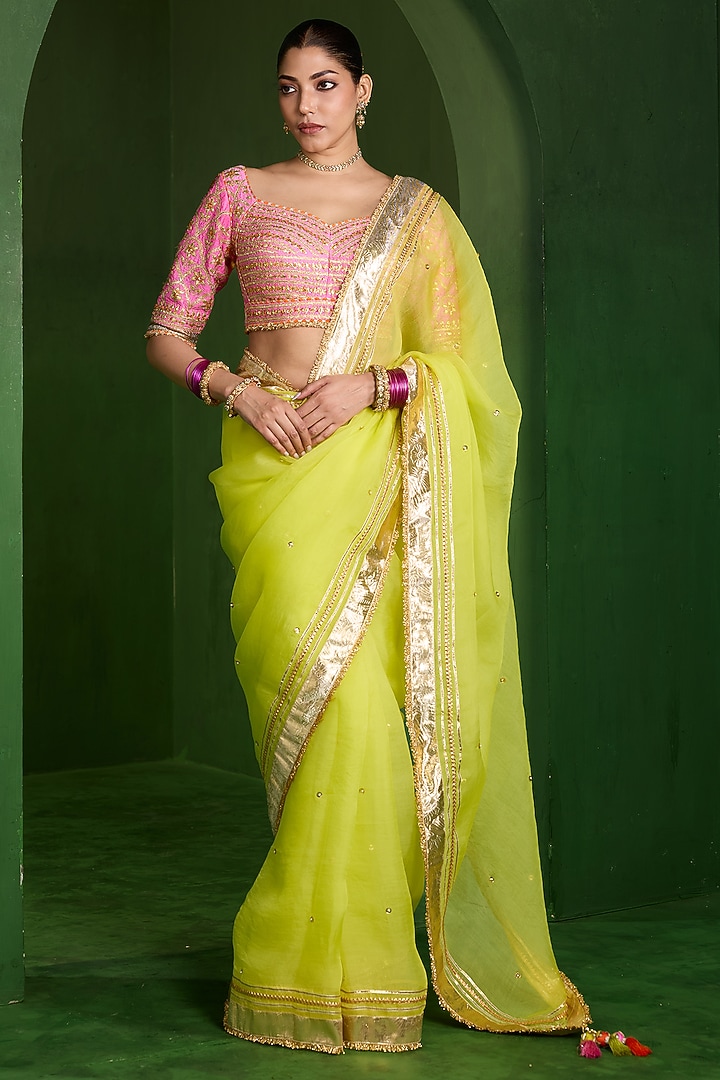 Parrot Green Organza Sequins Handwork Wedding Saree Set by Saina kapoor at Pernia's Pop Up Shop